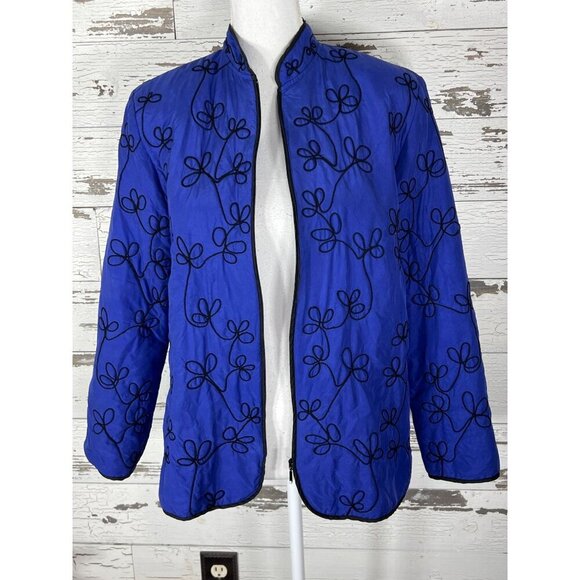 CHICO'S DESIGN 100% Silk Embroidered Jacket Mandarin Style Royal Blue Sz S EUC - Picture 2 of 5